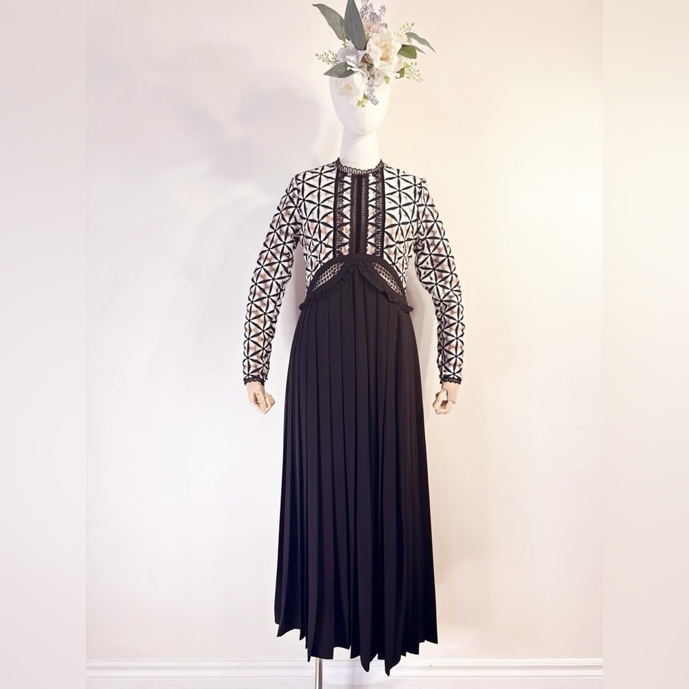 Self-Portrait Black & White Lace Pleated Maxi Dress - Picture 4 of 14